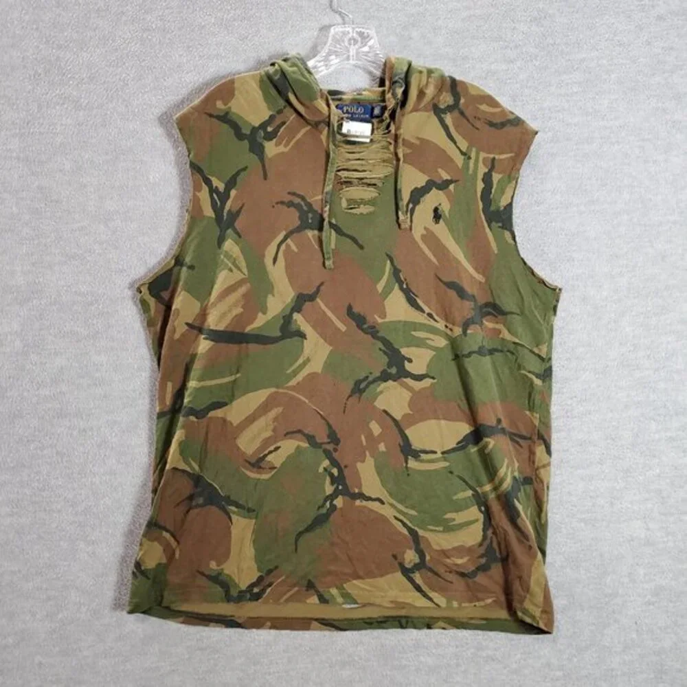 Polo Ralph Lauren Men Shirt Large Green Camo Hooded Custom‎ Cutoff READ
